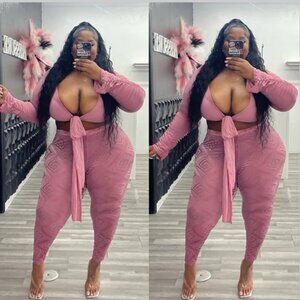 Pink Wrap Crop Top and Sheer Patterned Pants Set